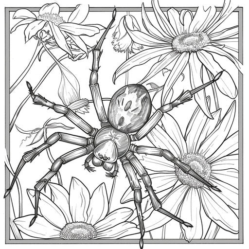 A black widow spider playfully interacts with flowers in the style of Teagan White coloring book page