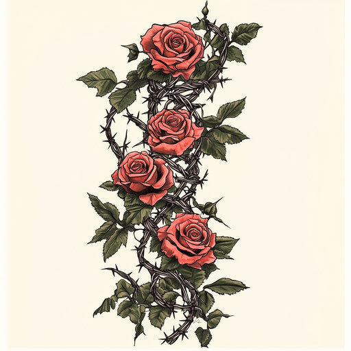 Traditional tattoo sleeve of roses intertwined with barbed wire in the style of Steve McNiven