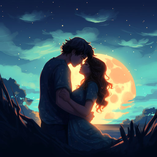 Kiss under the moon in light yellow and dark cyan