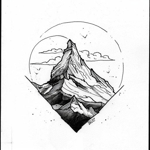 Monochrome flat tattoo sketch of a mountain peak under a clear sky