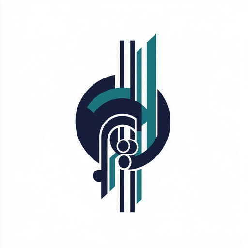 Sophisticated music logo with a geometric layered music staff icon and refined typography, in a harmonious teal and navy blue palette, isolated on a flat white background.