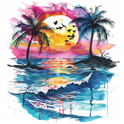 Colorful watercolor-style beach scene with sunset