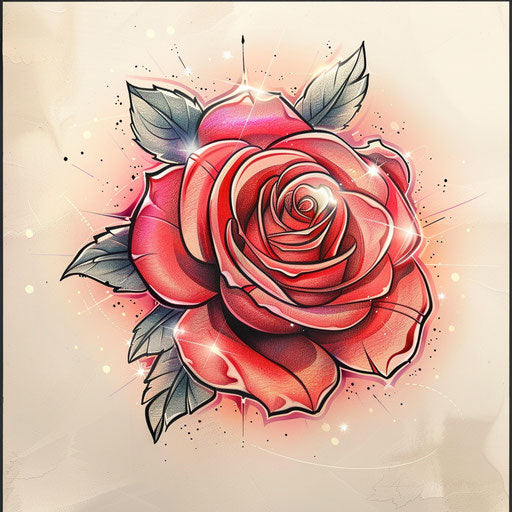 Sketch of traditional clipart style sparkle tattoo of a rose with red and pink petals