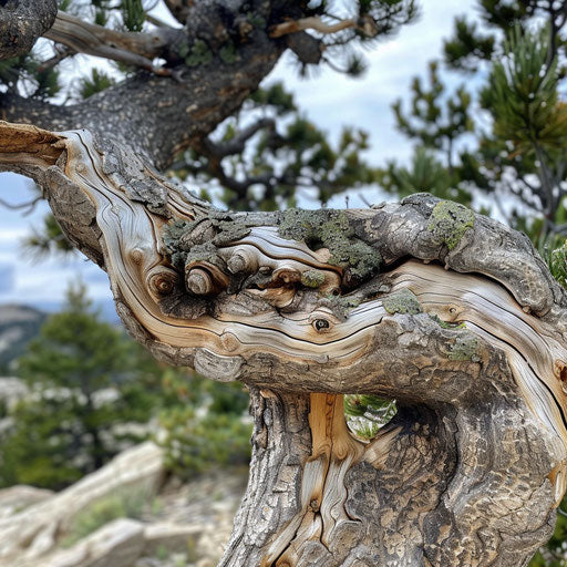 Twisted and gnarled trunk of a whitebark pine