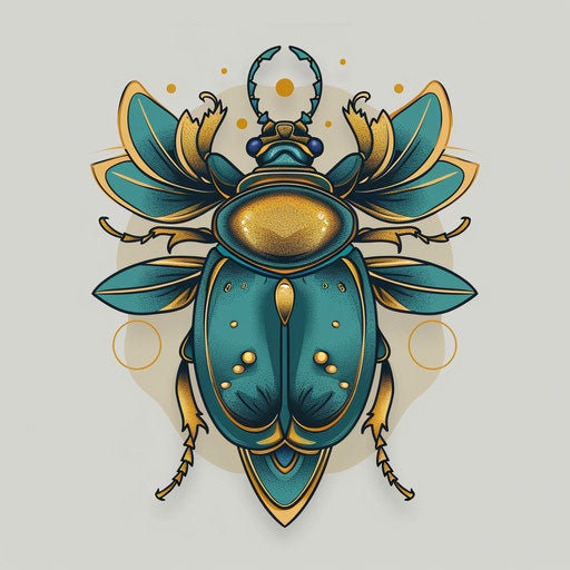 A tattoo sketch of a gold and turquoise beetle
