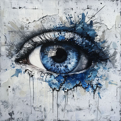 Blue and white eye with blue tint, graffiti-inspired illustrations, supernatural realism, aetherclockpunk, hand-coloring, logo