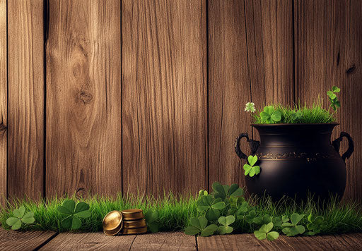 St. Patrick's Day banner with green grass, pot of gold, and clover decoration