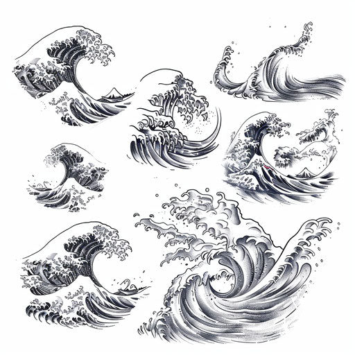 Sketch of wave symbols in different shapes and sizes, symbolizing the rhythm of the sea, as a tattoo, on a white background.