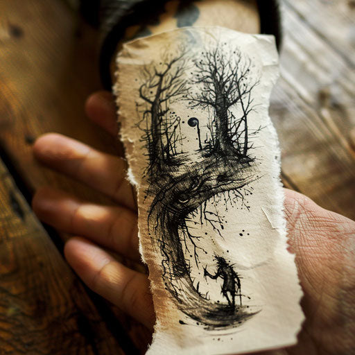 Rustic flat tattoo sketch of a soul journeying through a mystical forest