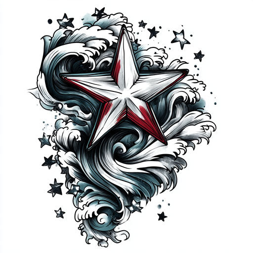 Star tattoo on hand with Japanese wave pattern