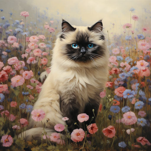 Himalayan cat in a field of flowers