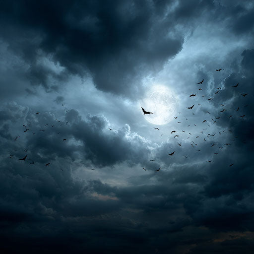 Dark sky with radiant full moon and flying bats