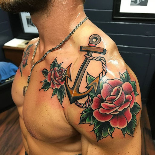 Bold and traditional shoulder tattoos for men with anchors and roses