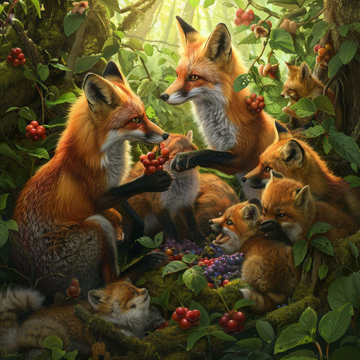 Heartwarming moment of foxes sharing a berry feast with other forest animals