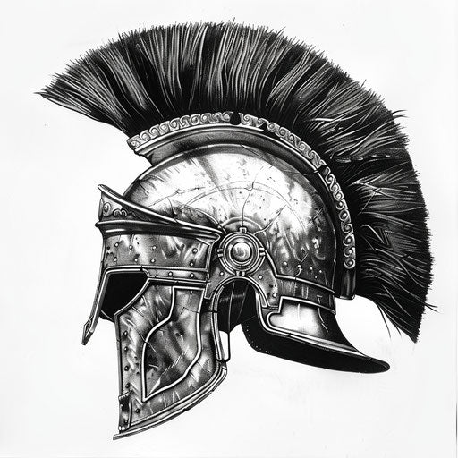 Graphic tattoo of a Roman soldier helmet in black and silver ink