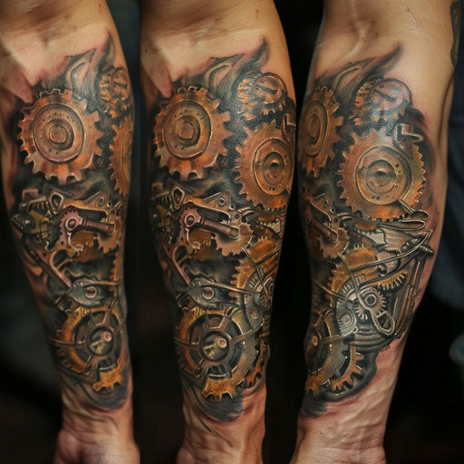 Steampunk arm tattoo of gears in the style of Guy Aitchison