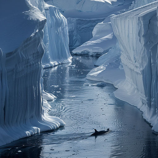 Blue whale navigating icy channels among massive glaciers