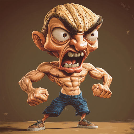 Humorous caricature of a nut caricature clipart with human characteristics, thin exaggerated lips, muscular arms, plain background, vibrant colors, cartoon style, angry, high resolution, no background, isolated