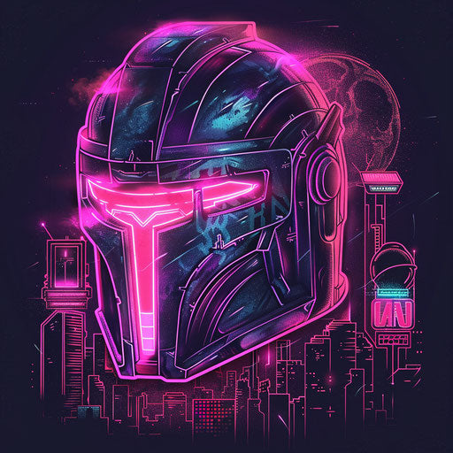 Create a cyberpunk spartan helmet tattoo sketch with neon signs and futuristic cityscapes