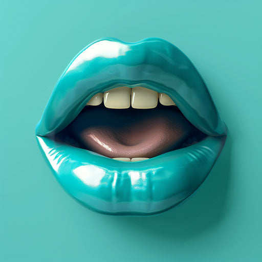 Photo realistic cartoon mouth on flat teal background