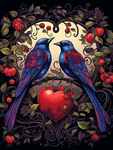 Birds and vegan heart, classic tattoo style, fruity motifs, welded sculptures, wiccan, street art 3:4