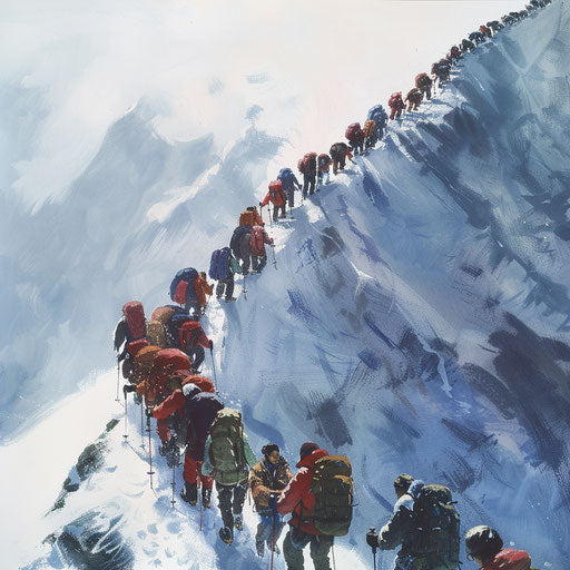 Approaching the Everest summit with a long line of climbers