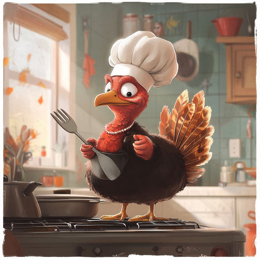 Cartoon turkey preparing a Thanksgiving meal