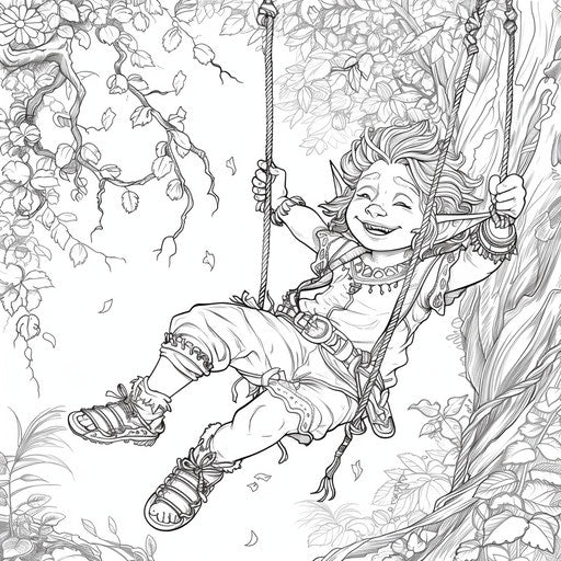 Playful elf swinging on a vine in a lush jungle