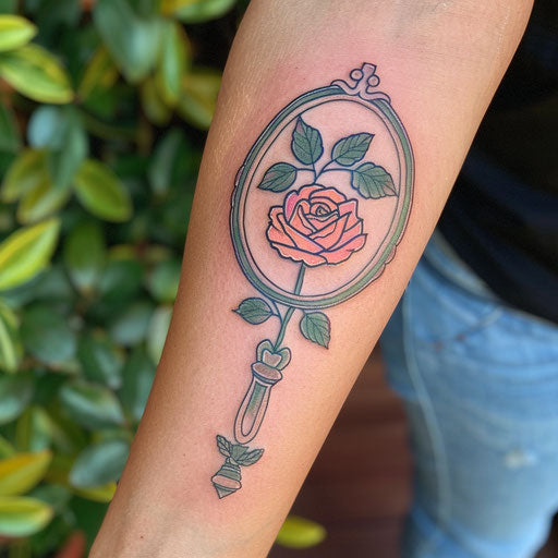 Hand-held mirror with blooming rose reflection