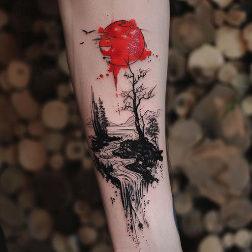 Elegant flat tattoo sketch with watercolor effects of a serene river in hell under a crimson sky