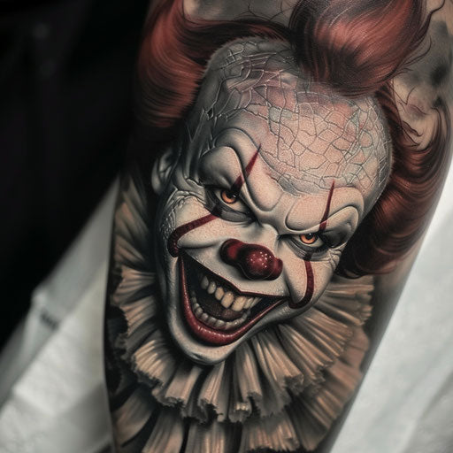 Hyper-realistic laughing clown tattoo on white background