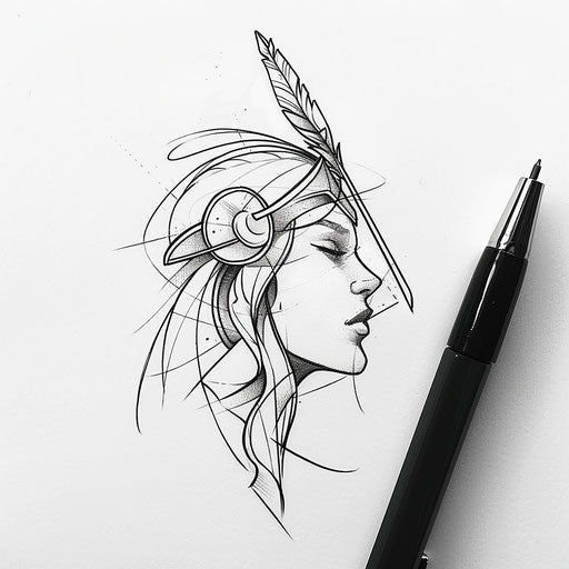 Flat tattoo sketch of Artemis with a minimalist design
