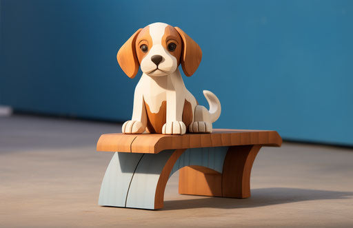 Cute puppy on blue bench with light colors