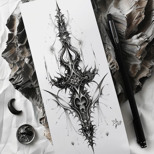 Unalome tattoo in gothic style on white paper texture