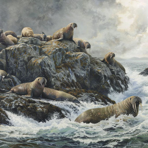 Peaceful gathering of seals on a rocky outcrop
