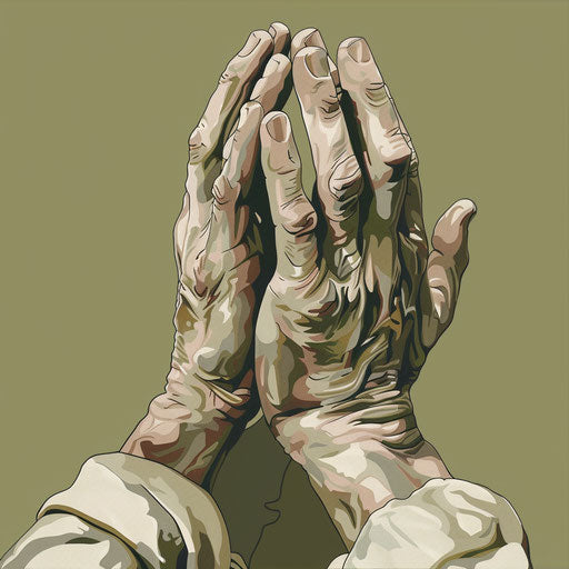Realistic praying hands clipart on flat, muted olive background