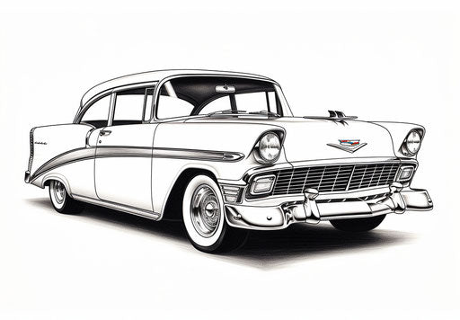 Old fashioned car drawn in black ink on white background