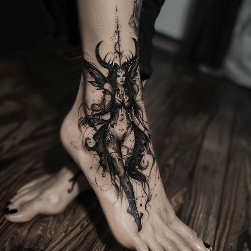 Foot tattoos in the style of Gerald Brom with dark fairies
