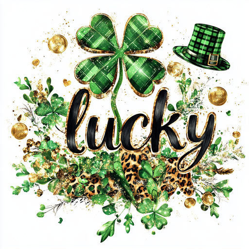 Shiny shamrock with 'lucky' in leopard fabric