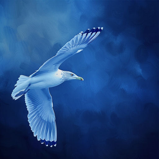 Realistic seagull on flat indigo background with subtle blur