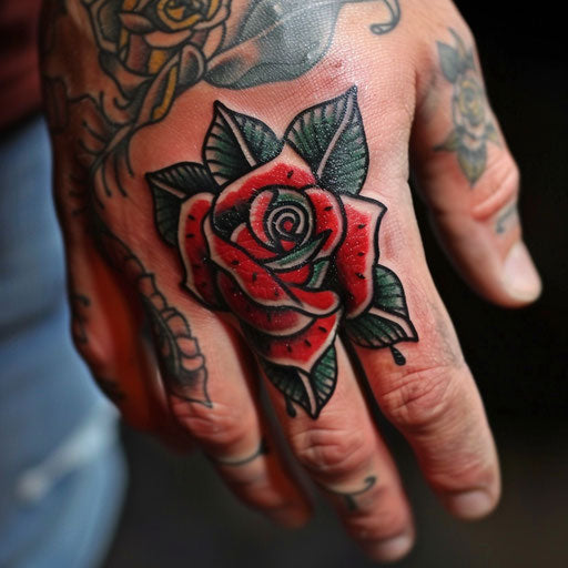 Finger tattoos for men in the style of Ed Hardy with traditional rose designs