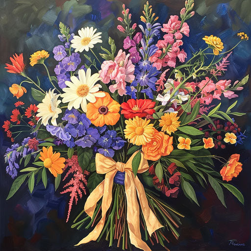 Wildflower bouquet with ribbon, colorful petals, elegant bow, traditional style