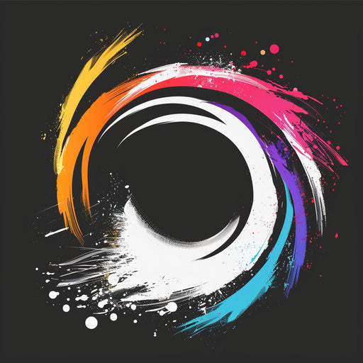 Modern logo in white and black with a colorful splash background