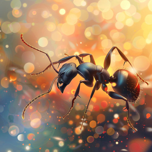 Ant clipart in photo realistic style with a flat random background, ethereal glow and soft edges