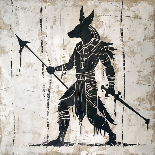 Anubis in warrior pose, stencil drawing on white canvas
