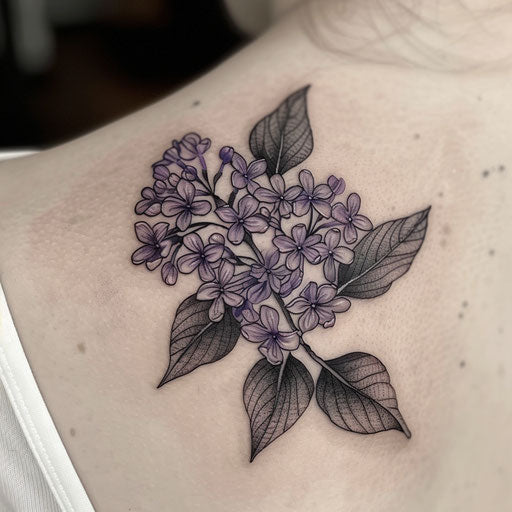 Lilac blackwork tattoo with intense black shading