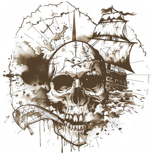 Mystical pirate treasure map with skull tattoo