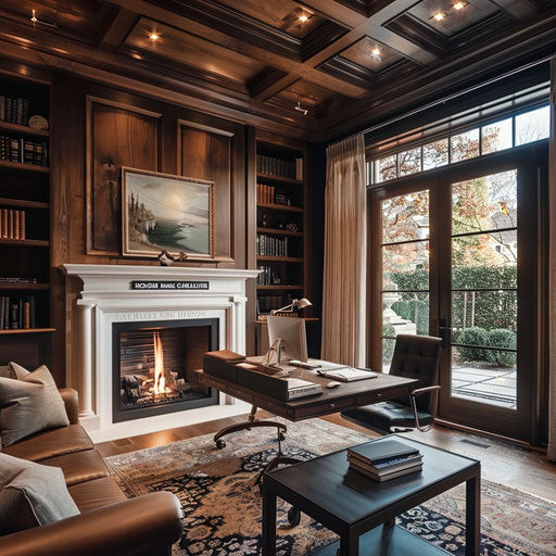Home office with cozy fireplace for reading and relaxing