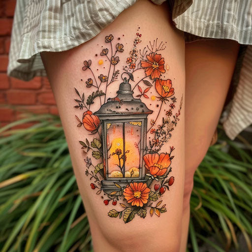 Wildflower tattoo with lantern, glowing effect, warm colors, vintage style