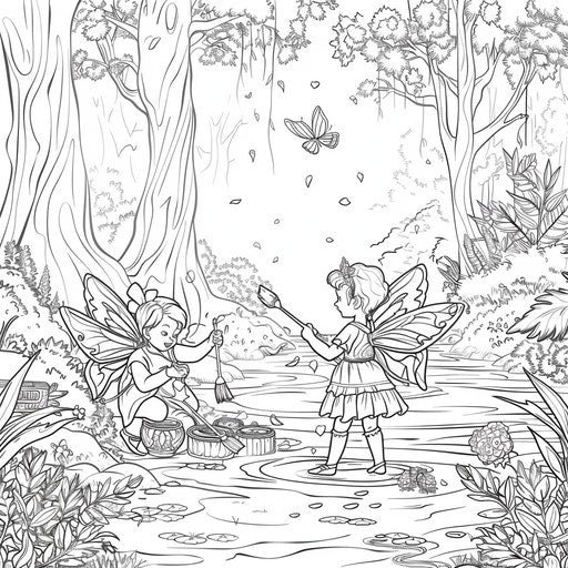 Fairies painting flowers in the forest